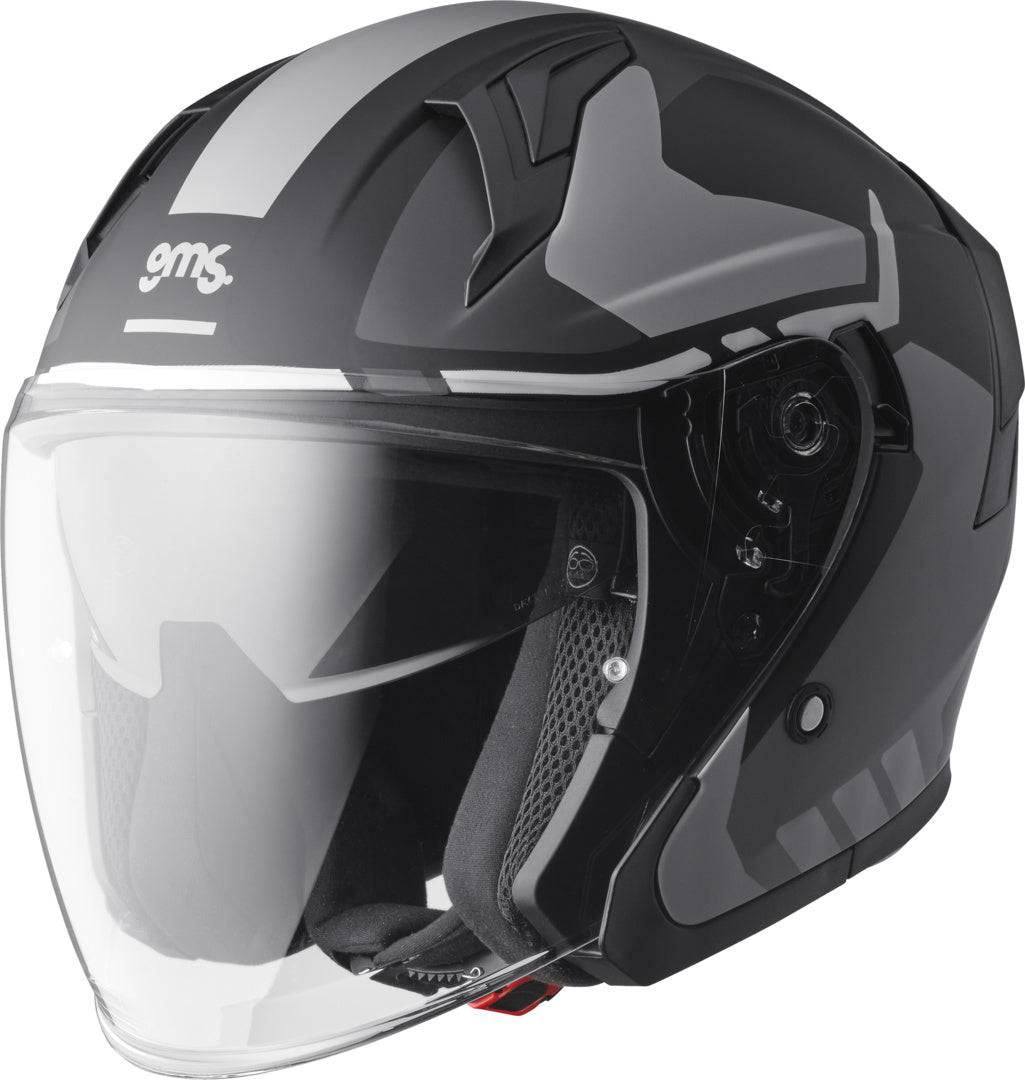 GMS Jethelm Vectus Graphic schwarz-grau, leichter Motorradhelm mit visier und stylischem Design, ideal für Motorradtouren