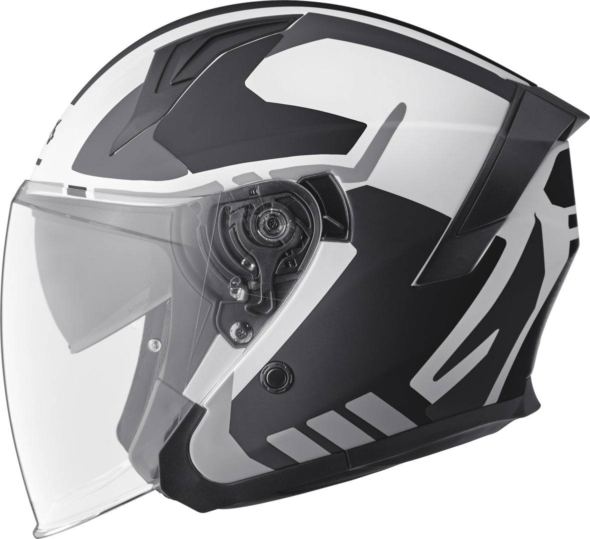 GMS Jethelm Vectus Graphic in schwarz-weiß, leichter Jethelm mit modernem Design und Belüftungssystem, Blick auf den Helm.