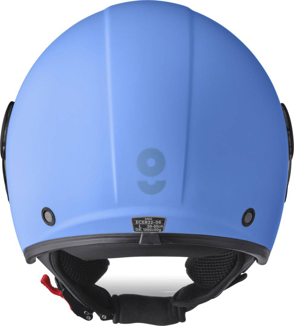 GMS Jethelm Gelato Mirtillo, blaue Jethelm mit Visier und Belüftungsöffnungen, seitliche GMS Markenlogo, auf weißem Hintergrund