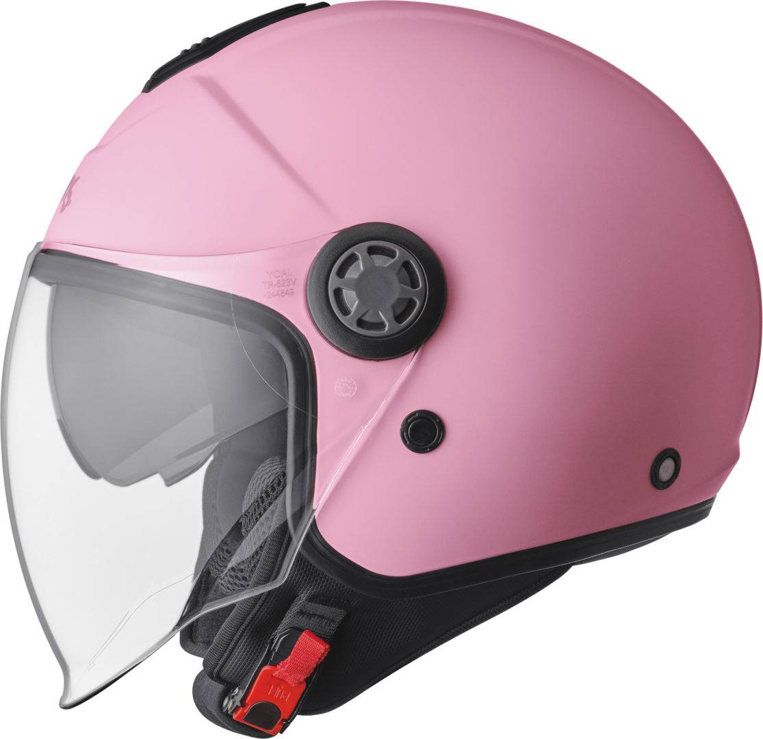 GMS Jethelm Gelato Fragola, rot-weiß, leichter Motorradhelm mit Visier und Belüftung, auf einem weißen Hintergrund.