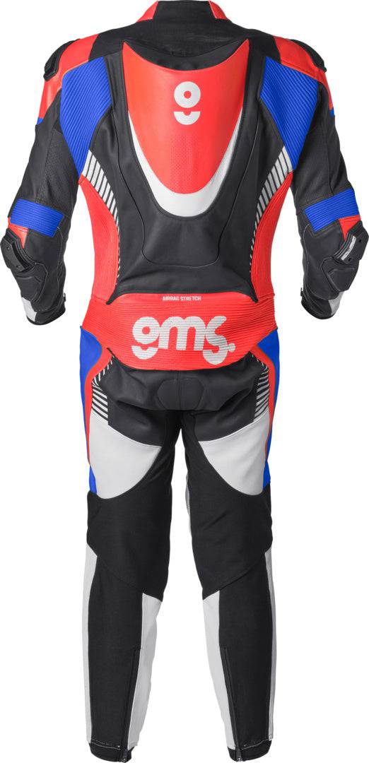 GMS Lederkombi GRC-1 1-teilig in schwarz-blau-rot, robuste Motorrad-Lederkombi mit Markenlogo und reflektierenden Details
