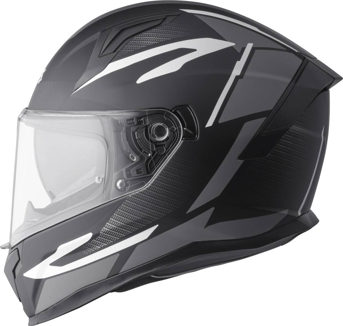 GMS Integralhelm Velox Graphic in mattschwarz-grau mit stilvollem Design, Sichtscheibe und Belüftungsöffnungen.