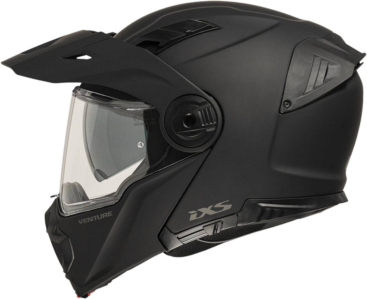Schwarzer iXS Venture 1.0 Klapphelm mit mattem Finish, zeigt die Innenseite und das klappbare Design.