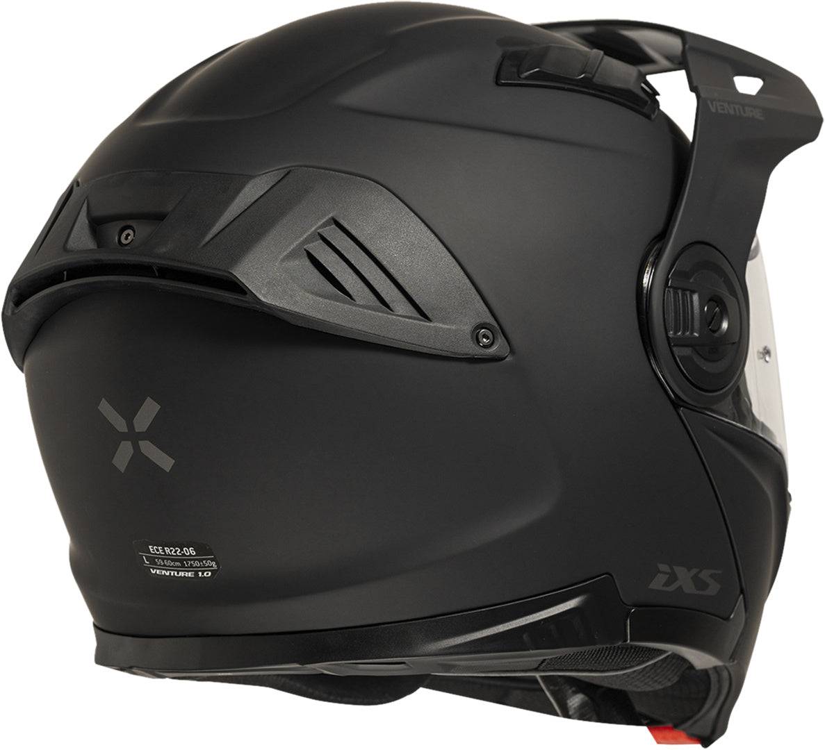 iXS Venture 1.0 Klapphelm in mattschwarz, zeigt die offene und geschlossene Position, mit Sichtfenster und Belüftungsöffnungen