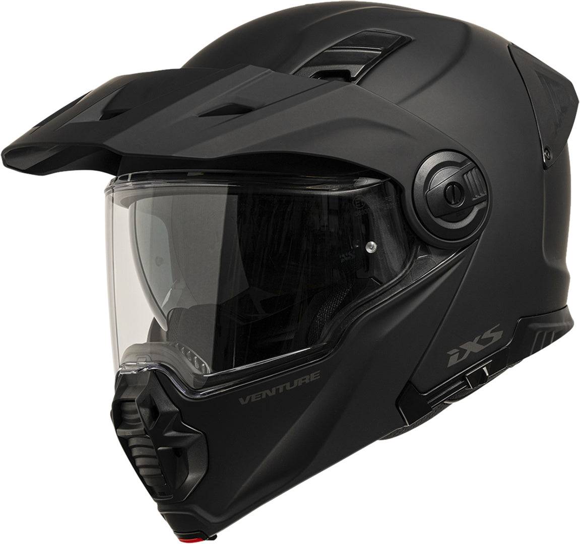 Schwarzer iXS Venture 1.0 Klapphelm mit mattem Finish, zeigt den geöffneten Helm mit Visier und Belüftungsöffnungen.