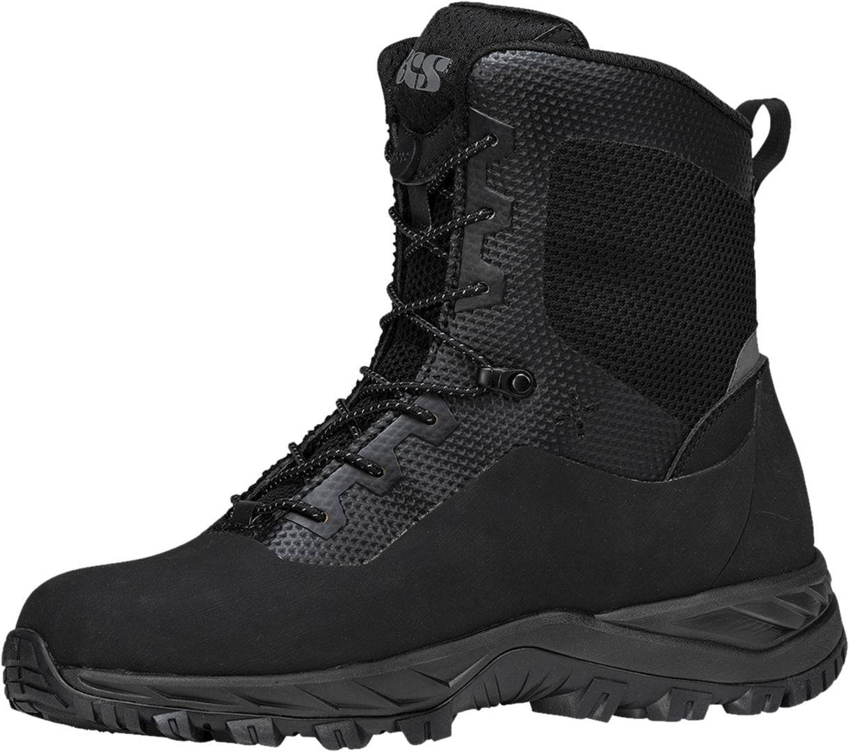 Schwarze iXS Venture-Air 1.0 Stiefel aus Leder mit Schnürung und gepolstertem Schaft, ideal für den Schutz beim Motorradfahren.