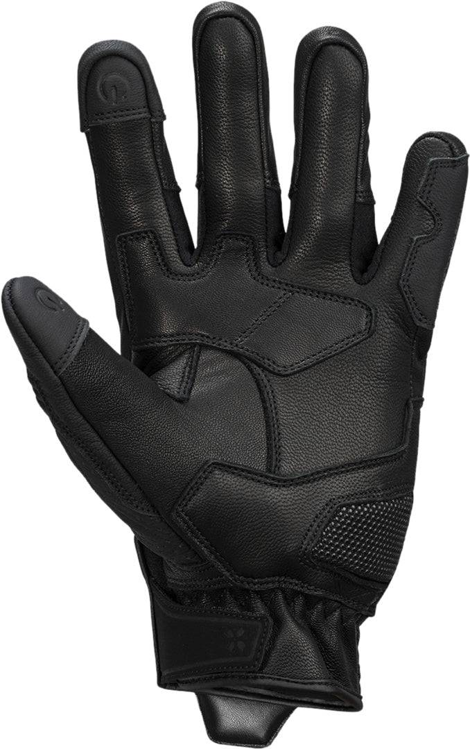 Schwarze iXS Rapid 1.0 Lederhandschuhe mit gestepptem Design und verstärkten Bereichen für sicheren Griff.