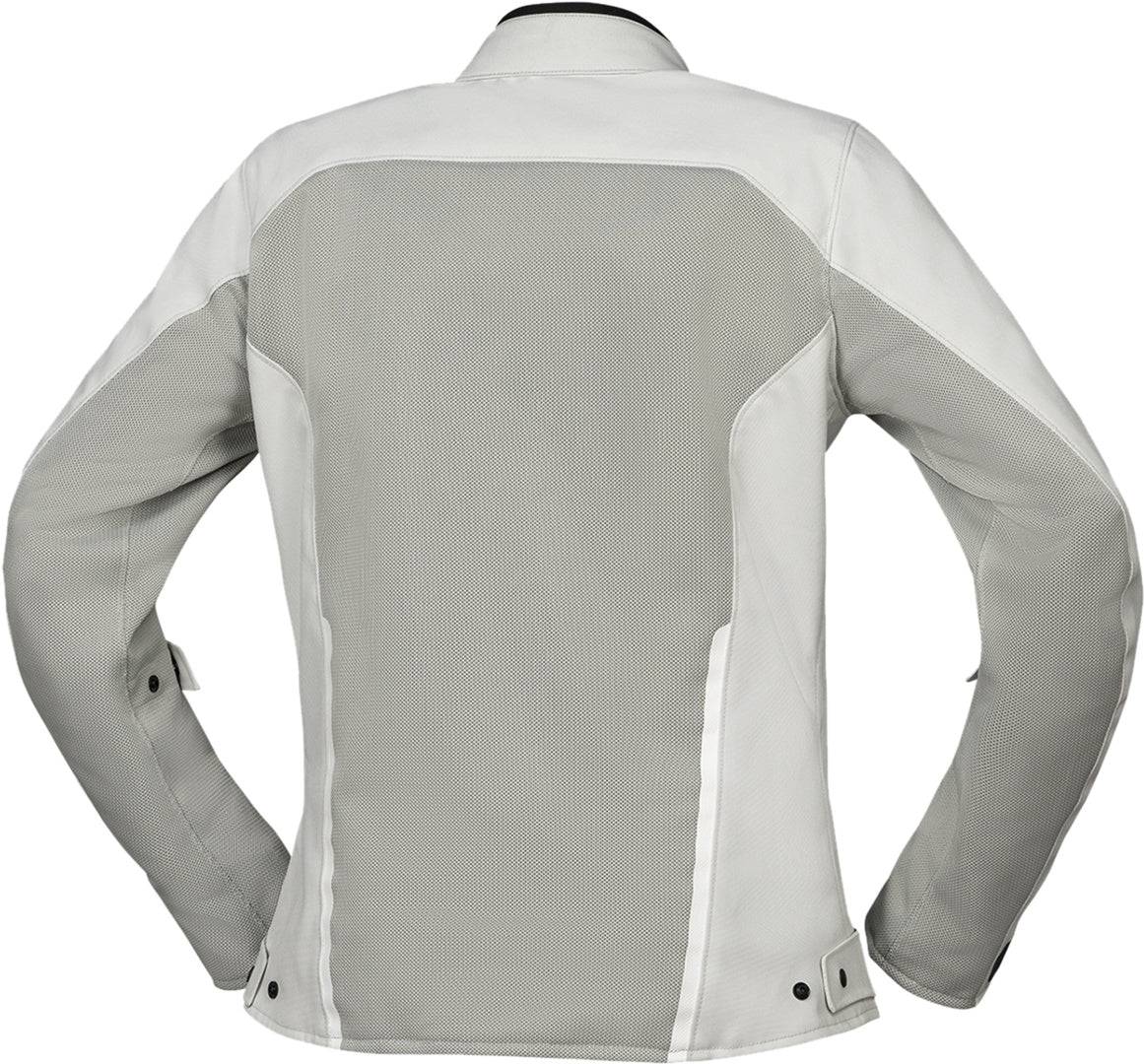 Graue iXS Damen Oxy-Air Tourenjacke, atmungsaktive Jacke für Damen, zeigt Reißverschlüsse und robuste Textur