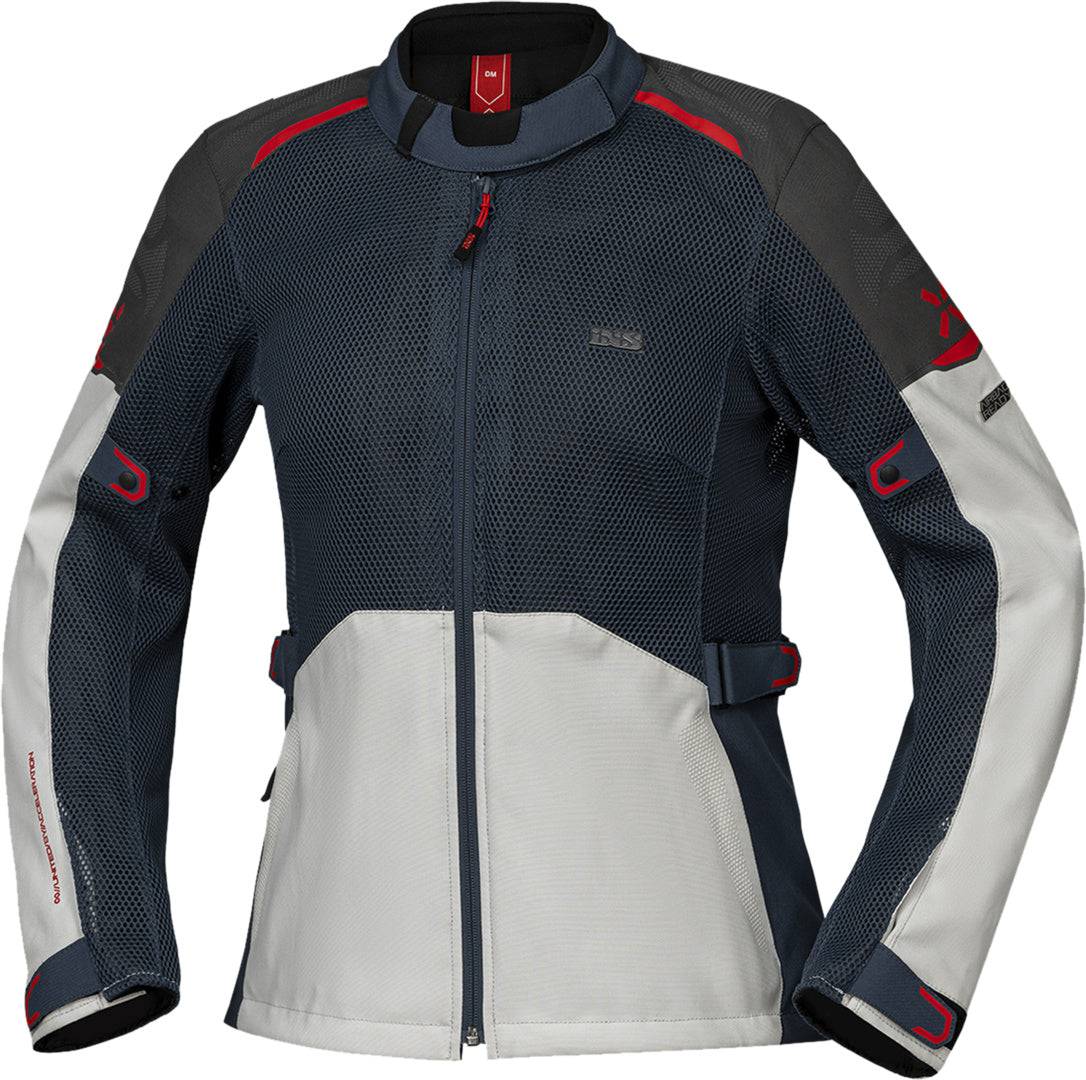 Hellegraue, blaue und rote Damen Tourster-BigAir 1.0 Jacke von iXS, atmungsaktive Outdoor-Adventure Jacke mit Kapuze.