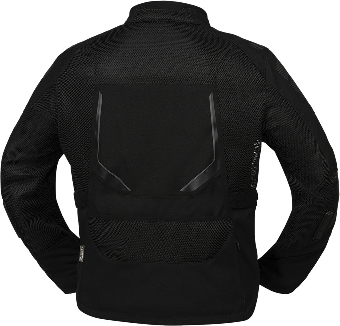 Schwarze iXS Tourster-BigAir 1.0 Adventure Jacke, wetterfeste Außenhaut und reflektierende Details, für Motorradfahrer.