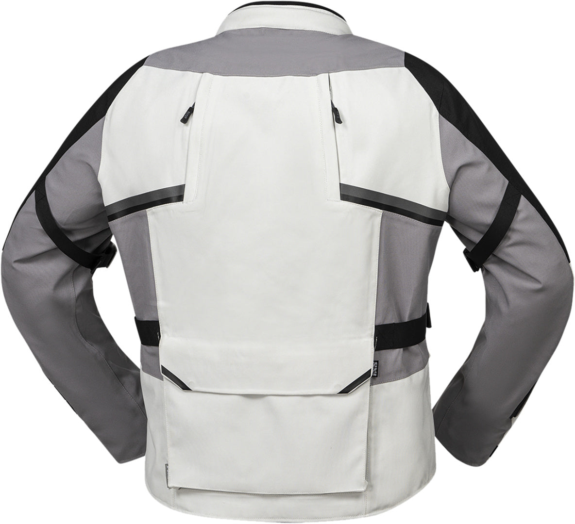 Leichte, hellgrau-graue iXS Tourster-STX 1.0 Laminatjacke für Adventure, zeigt den atmungsaktiven Outdoor-Jacke mit Kapuze.