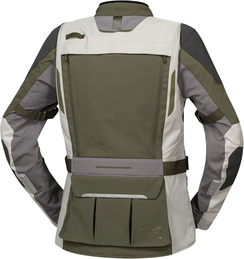 Hellegraue olivgrüne Damen Adventure Jacke von iXS Venture-Air 1.0, atmungsaktiv und ideal für Outdoor-Aktivitäten.