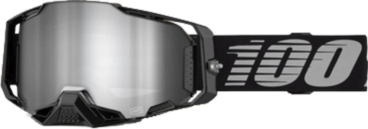 100Percent Armega MX-Brille mit schwarzen Rahmen und silberner Spiegellinse, für Motocross und Offroad-Fahrten.