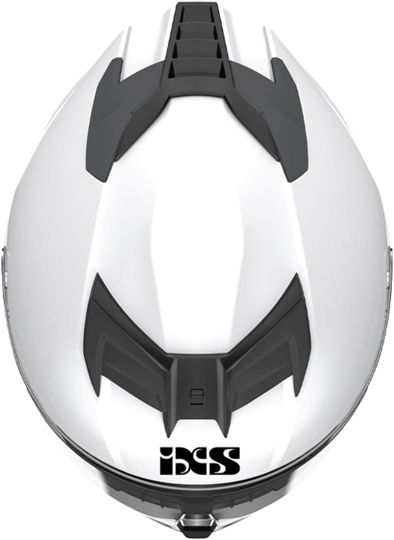 Weißer iXS Integralhelm iXS912 SV 1.0 mit klarem Visier, aerodynamisches Design und Belüftungssystem auf einem Motorradhelm.