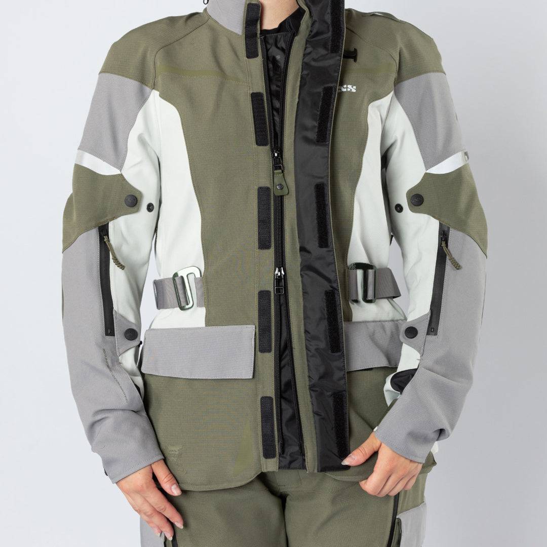 Hellegraue und olivfarbene Damen Venture-STX 1.0 Laminatjacke von iXS, Outdoor-Adventure Jacke mit wasserdichter Oberfläche