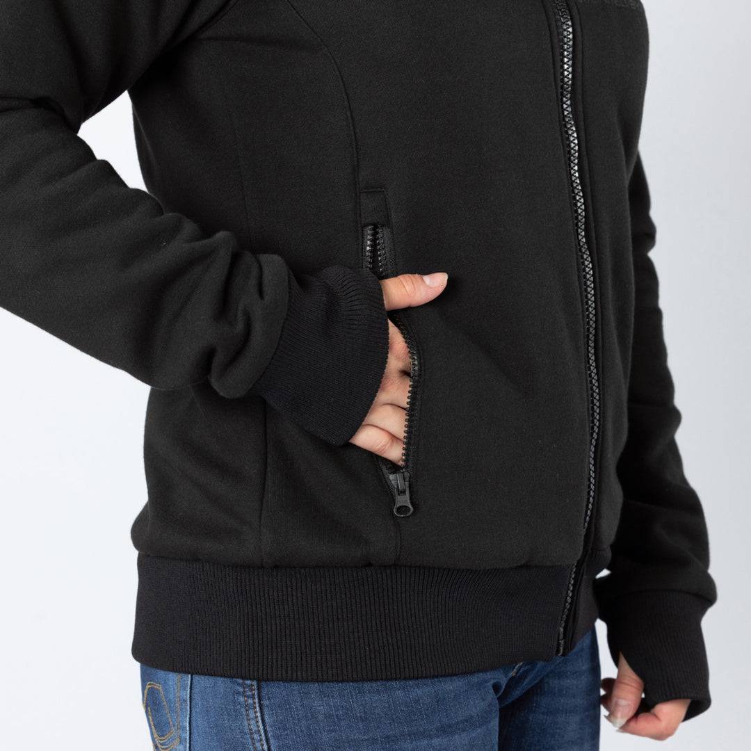 Schwarze iXS Damen Rapid 1.0 Touring Hoodie, bequeme Jacke mit Kapuze, geeignet für Touren und Alltag.