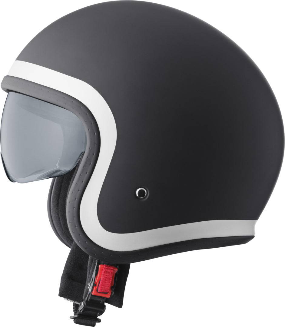 GMS Jethelm Ride in mattschwarz und weiß, leichter Motorradhelm mit Visier und aerodynamischem Design, für sicheren Schutz.