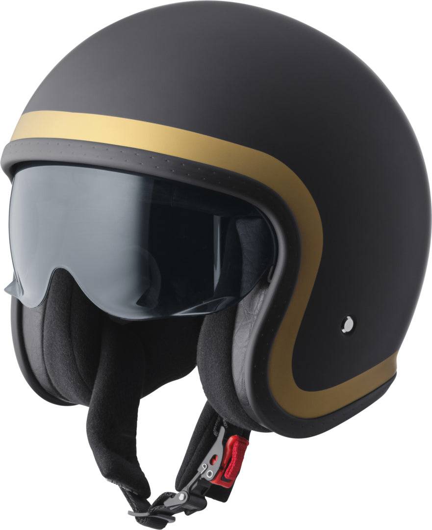 GMS Jethelm Ride in mattschwarz-Gold mit Visier und Belüftungsöffnungen, leichter Schutzhelm für Motorradfahrer