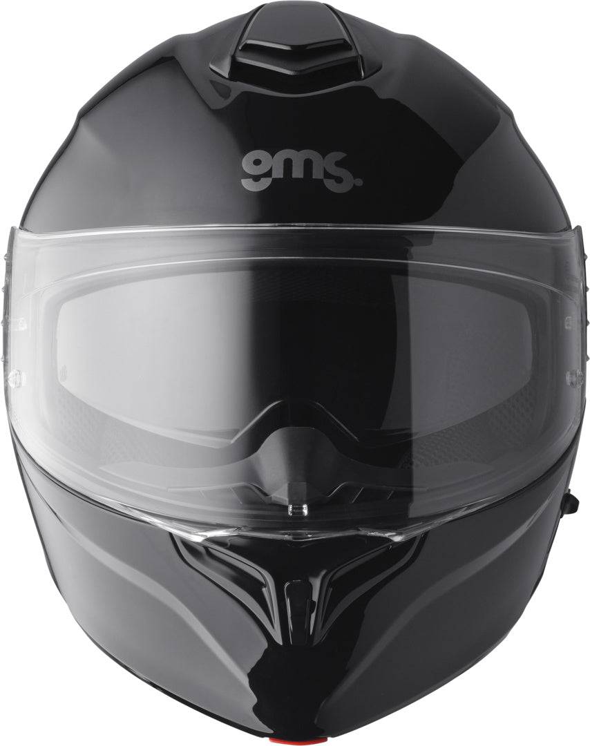 Schwarzer Gms Klapphelm Aperio, Integralhelm mit klappbaren Visier, auf einem Motorradhelm fotografiert
