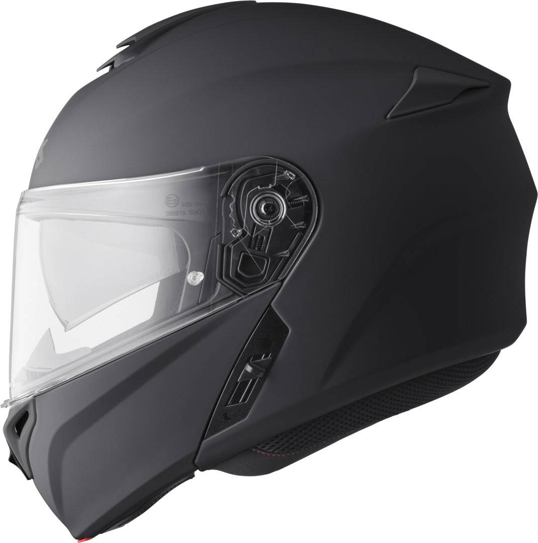 Schwarzer, matter Gms Klapphelm Aperio, Integralhelm mit klappbarem Visier, für Motorradfahrer, auf einem weißen Hintergrund.