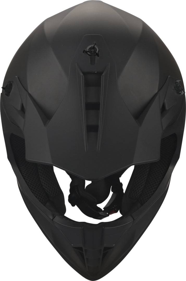 Schwarzer, mattschwarzer GMS Motocrosshelm Fortis mit Belüftungsöffnungen und Visier, für sicheren Schutz beim Motocross.