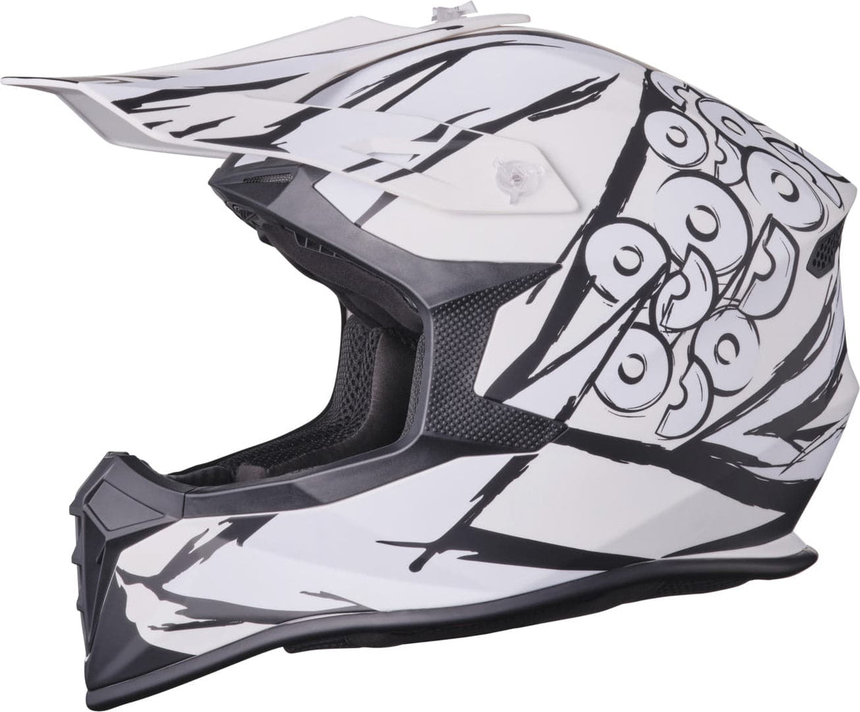GMS Motocrosshelm Fortis Graffiti im mattschwarzen und weißen Design, Schutzhelm für Offroad-Motocrossfahrer