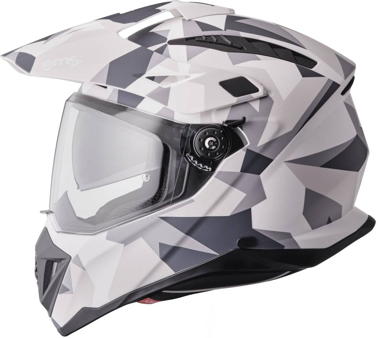 GMS Adventus Camo matt weiß-grau Endurohelm mit Camo-Muster und Visier, leichter Schutzhelm für Mountainbiking.