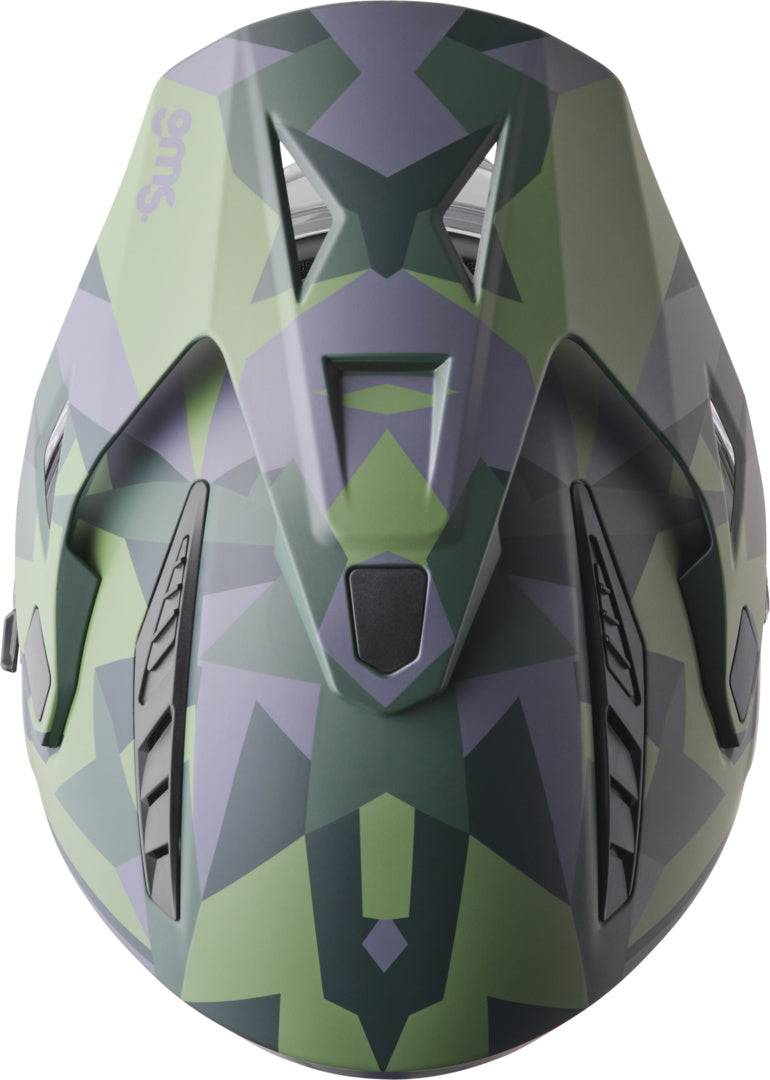 GMS Adventus Camo Endurohelm in matt grün-schwarz, mit Visier und Belüftungsöffnungen, für Mountainbiking und E-Mountainbike.