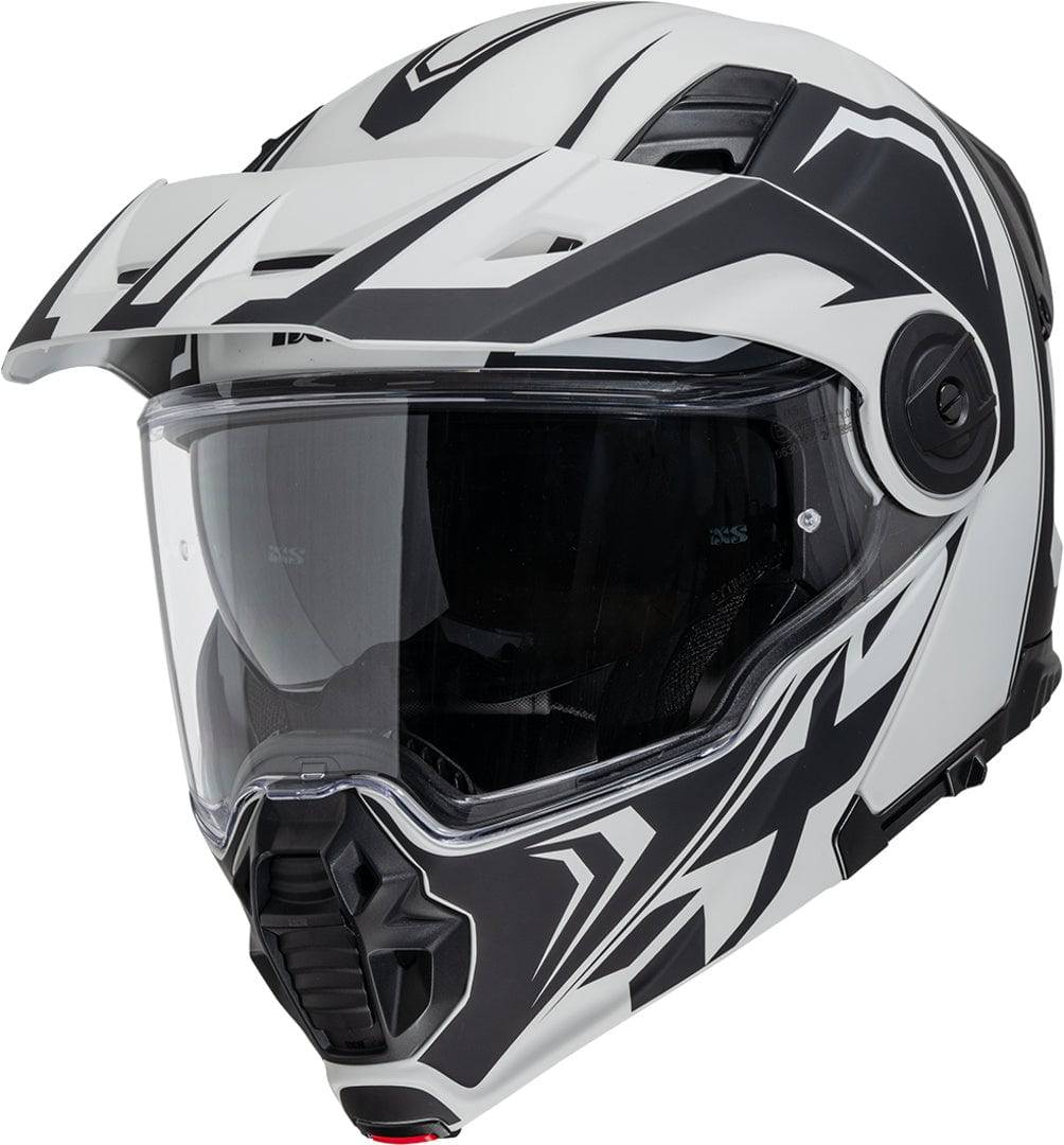 iXS Klapphelm Venture 1.0 MIPS in dunkelgrau matt, mit geöffnetem Klappverschluss und Visier, auf einem Fahrradhelm.