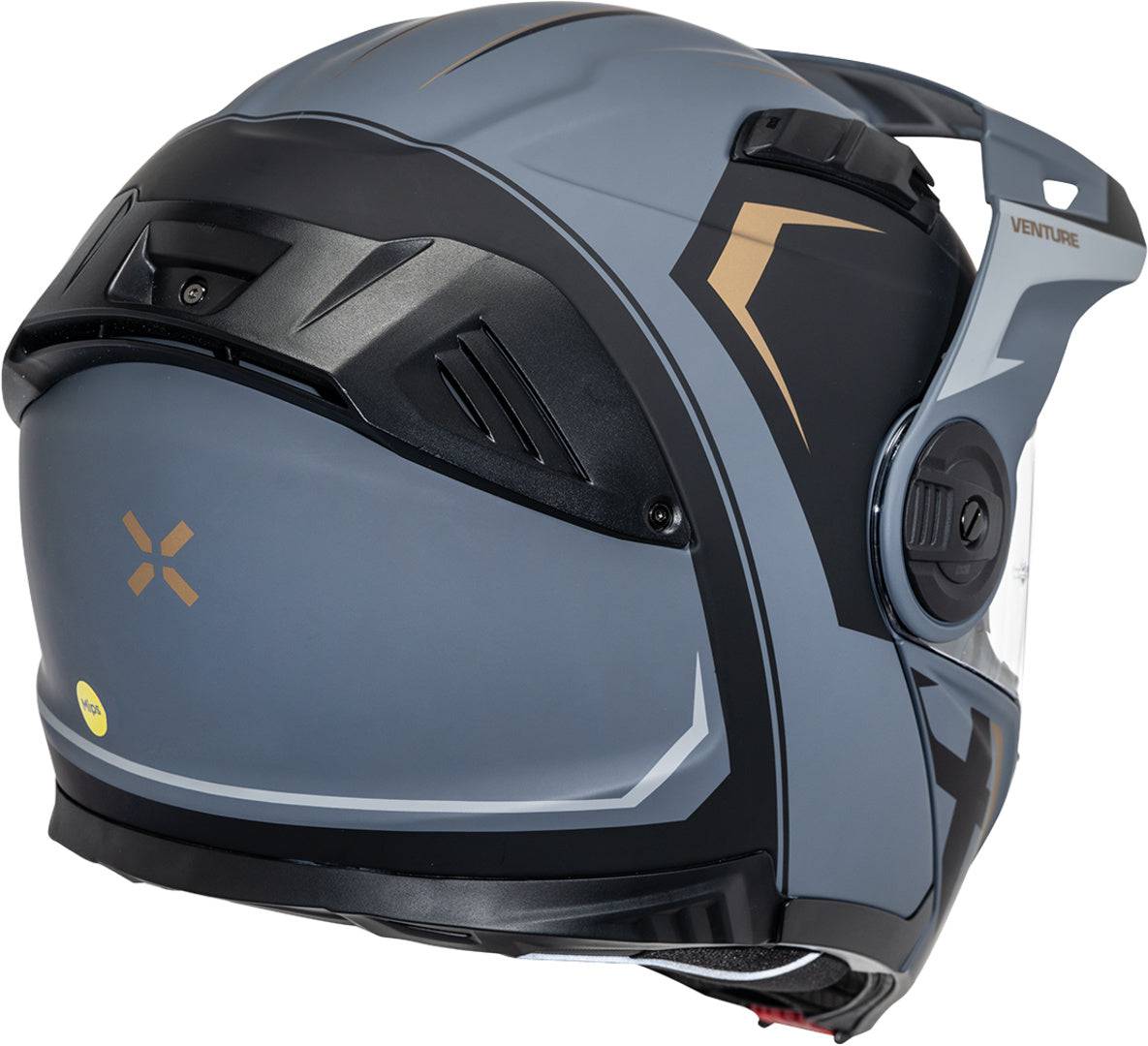 Schwarzer, matter iXS Klapphelm Venture 1.0 MIPS mit goldenen Details, zeigt den geschlossenen Helm mit Visier.