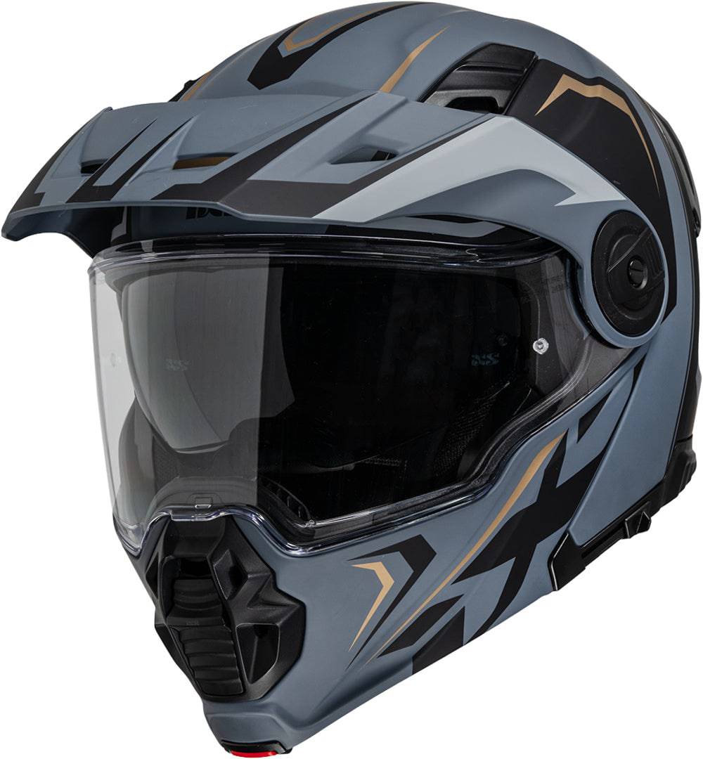Schwarzer, matter Klapphelm iXS Venture 1.0 MIPS mit goldenen Akzenten, zeigt die Innenpolsterung und Klappmechanismus