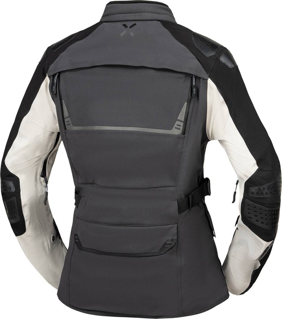 Damen Tourster-STX 2.0 Laminatjacke von iXS in Dunkelgrau, Schwarz und Cool Grey, wetterfeste Adventure-Jacke mit Kapuze