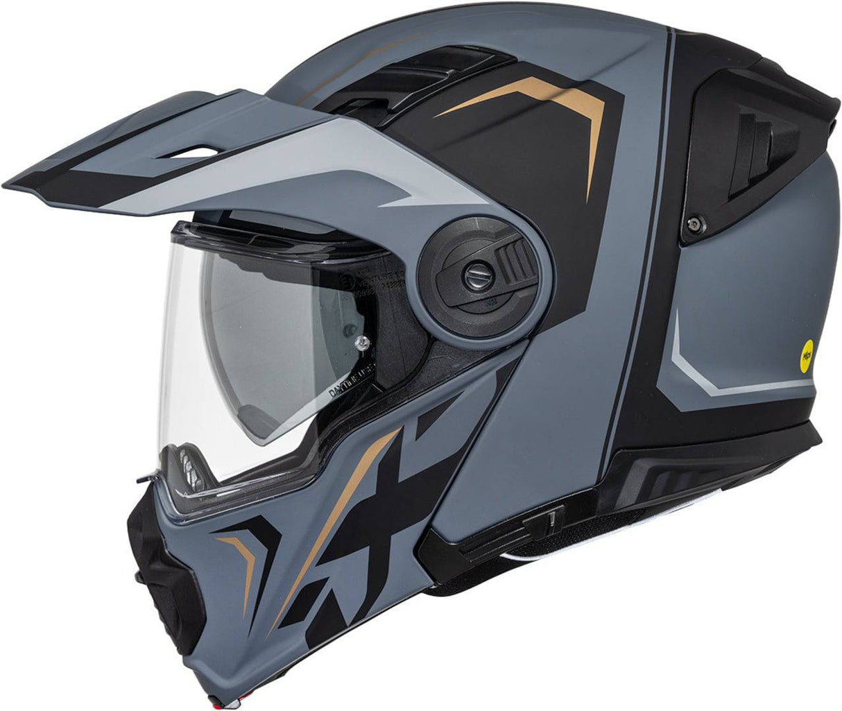 Schwarzer matt-goldener iXS Klapphelm Venture 1.0 MIPS mit Visier und Belüftungsöffnungen, seitliche Ansicht