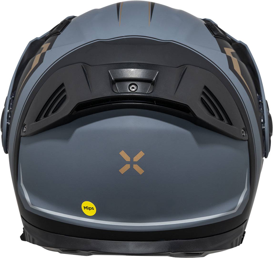 Schwarz-matt-goldener iXS Klapphelm Venture 1.0 MIPS mit Visier und Belüftungsöffnungen, auf einem weißen Hintergrund.