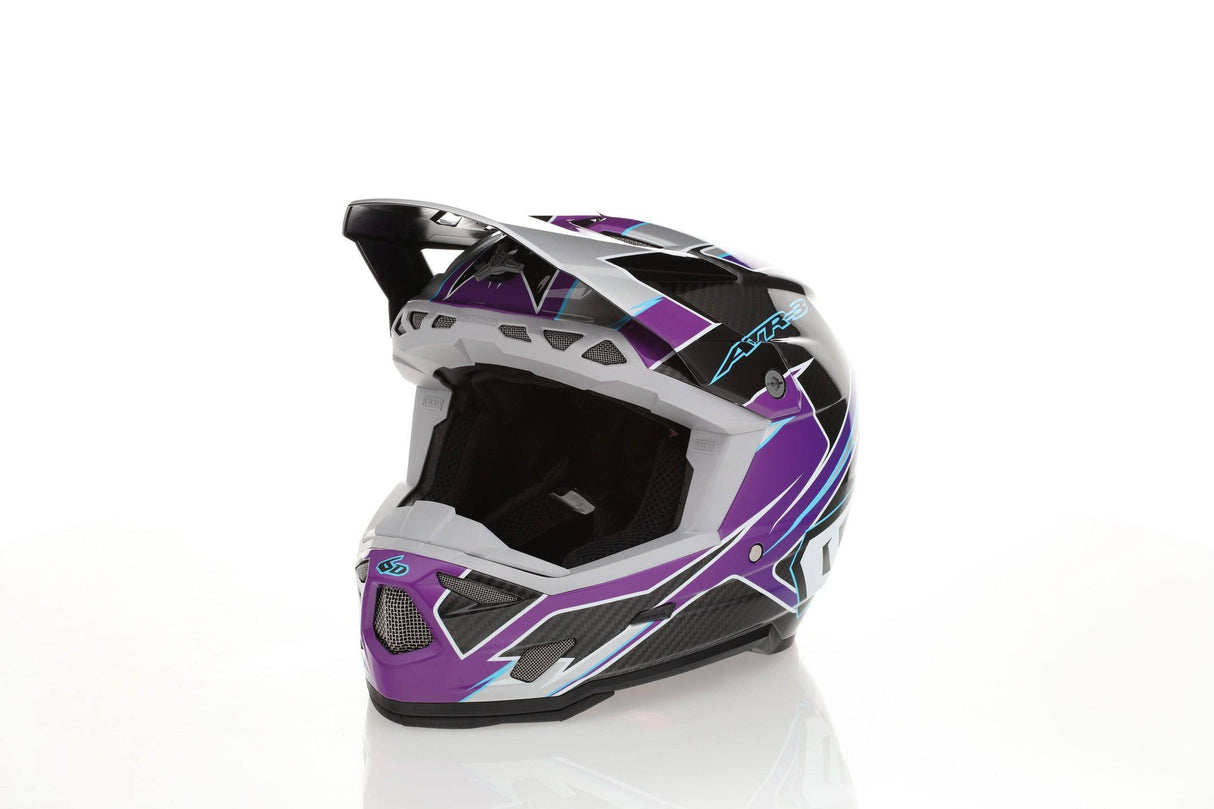 Lila 6D ATR-3Y Reflex Motocrosshelm mit schicker Grafik und komfortabler Passform, ideal für Offroad-Fahrer.