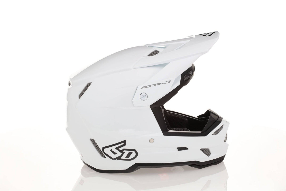 Weißer 6D ATR-3Y Motocrosshelm mit solidem, glänzendem Finish und modernem Design.