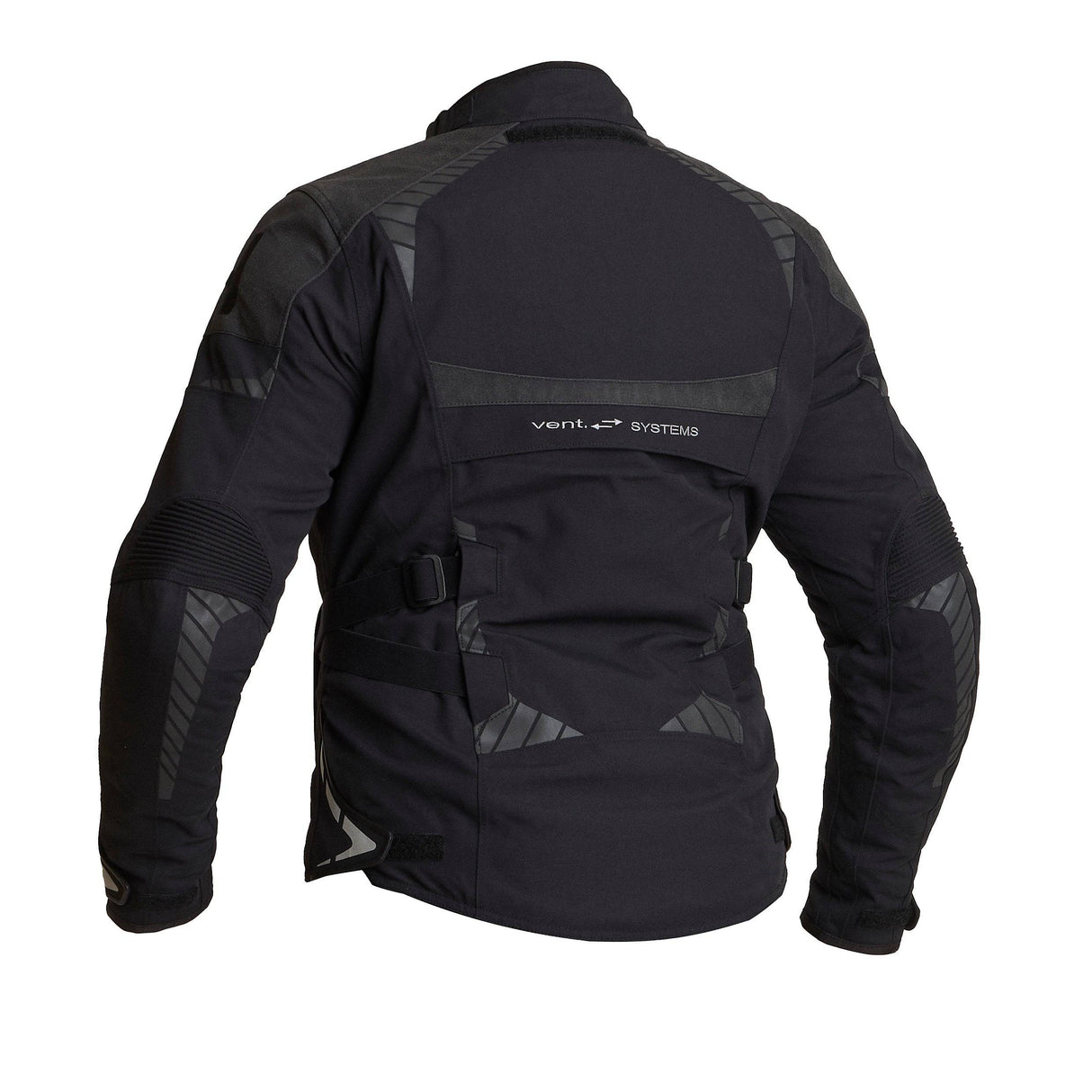 Schwarze Damen Motorradjacke Vimo von Halvarssons, robuste Adventure Jacke mit sichtbaren Protektoren und reflektierenden Details.