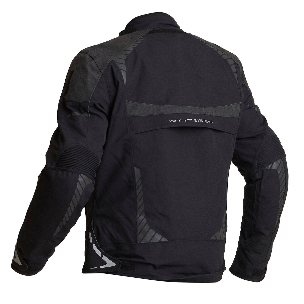 Schwarze Halvarssons Vansbro Motorradjacke für Abenteuer, mit robustem Material und reflektierenden Elementen.