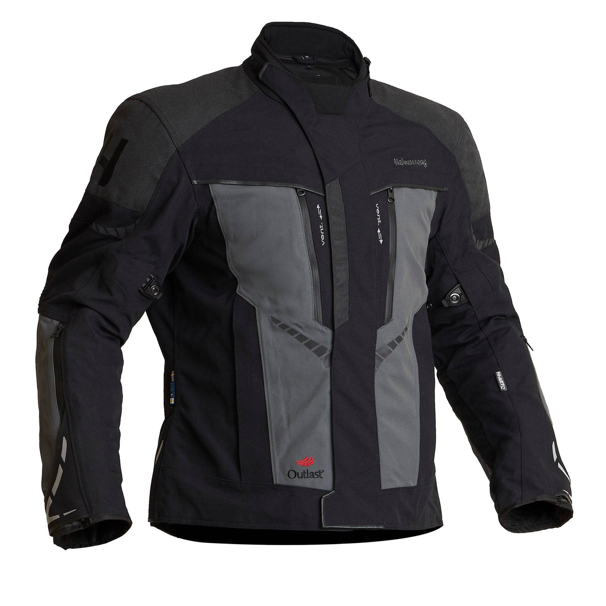Schwarze und graue Halvarssons Vansbro Motorradjacke für Abenteuer, mit robustem Material und reflektierenden Details.