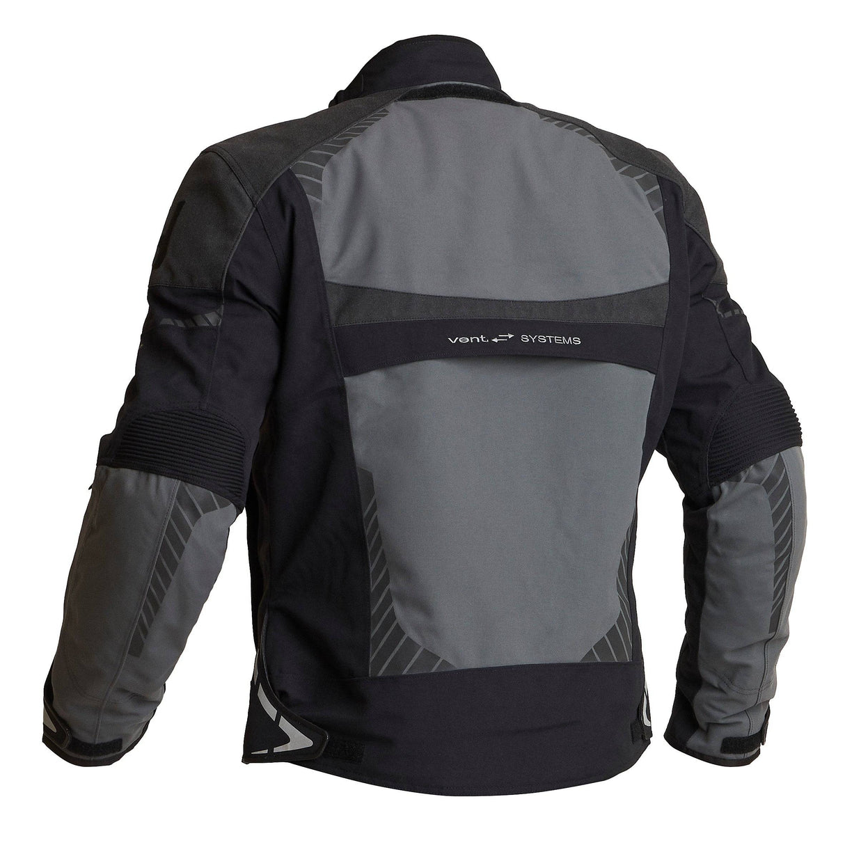 Schwarze und graue Halvarssons Motorradjacke Vansbro für Abenteuer, mit robustem Material und Schutzpolstern, auf einem Motorrad.