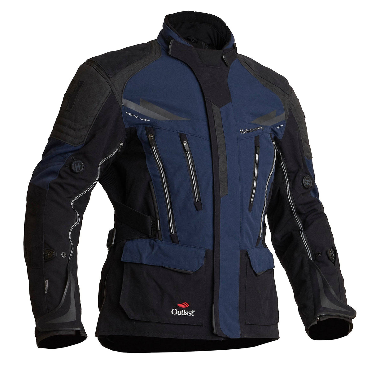 Motorradjacke Mora von Halvarssons in Schwarz und Blau, Adventure-Jacke mit strapazierfähigem Material und reflektierenden Elementen.