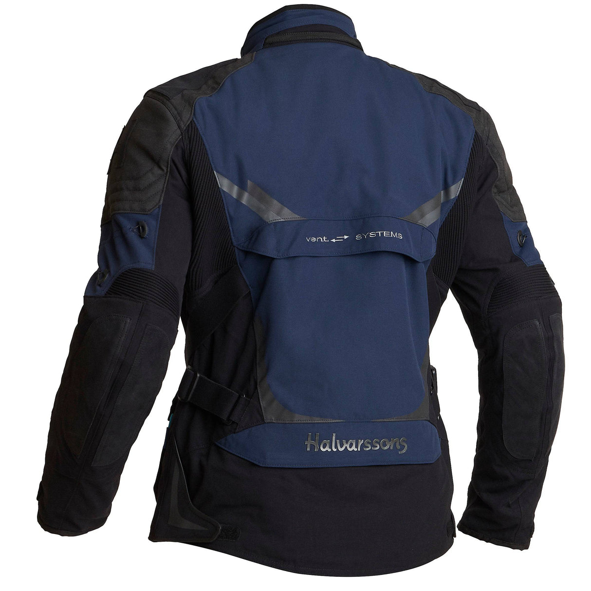 Schwarze und blaue Halvarssons Motorradjacke Mora für Adventure, mit sichtbaren Nähte und Schutzmaterialien, frontal fotografiert
