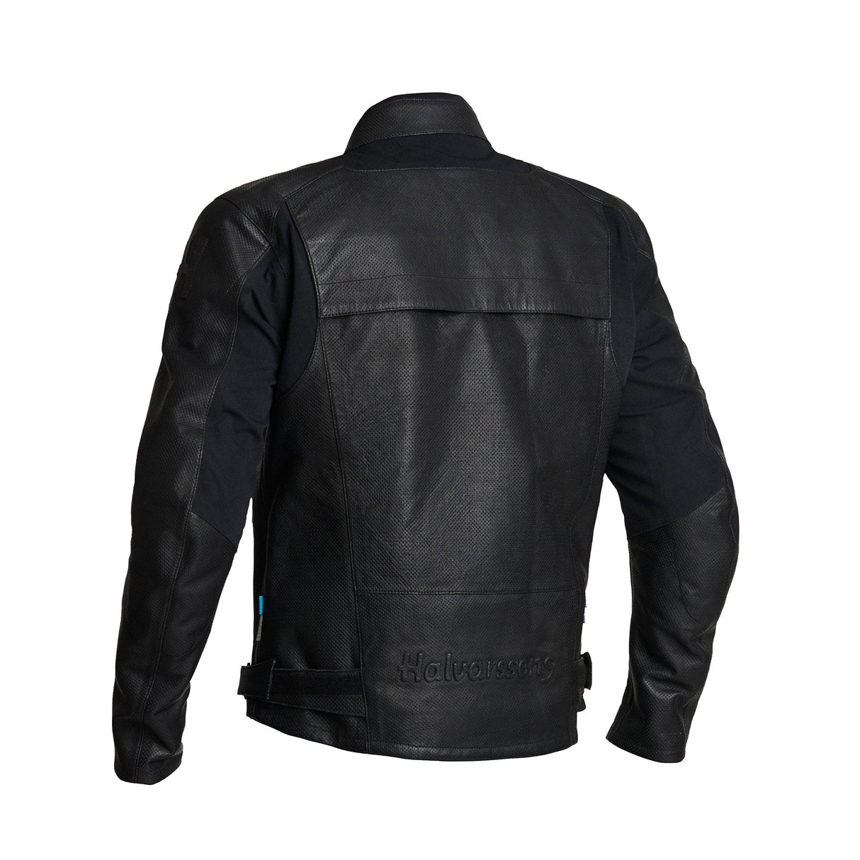 Schwarze Halvarssons Racken Lederjacke für Touren, detaillierte Nahaufnahme der stilvollen, strapazierfähigen Motorradjacke.