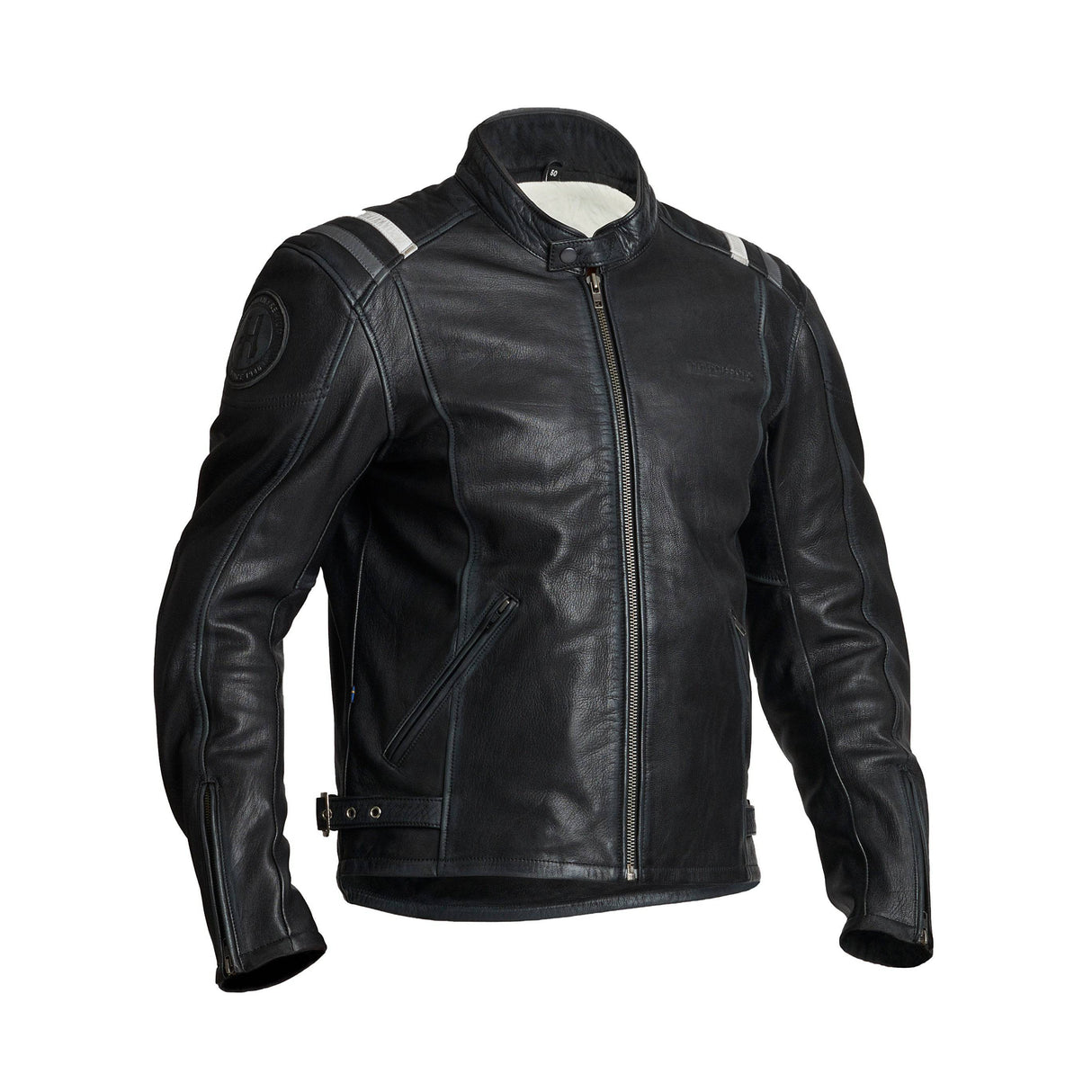 Schwarze Halvarssons Lederjacke Skalltorp in klassischem Design, detailreiche Nähte und hochwertige Verarbeitung.