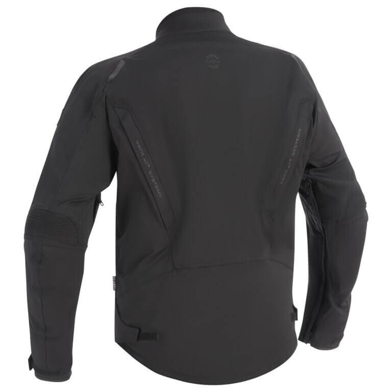 Motorradjacke Naren von Halvarssons, schwarze Adventure Jacke mit Rückenprotektor, wetterfestes Material, seitliche Reißverschlüsse.