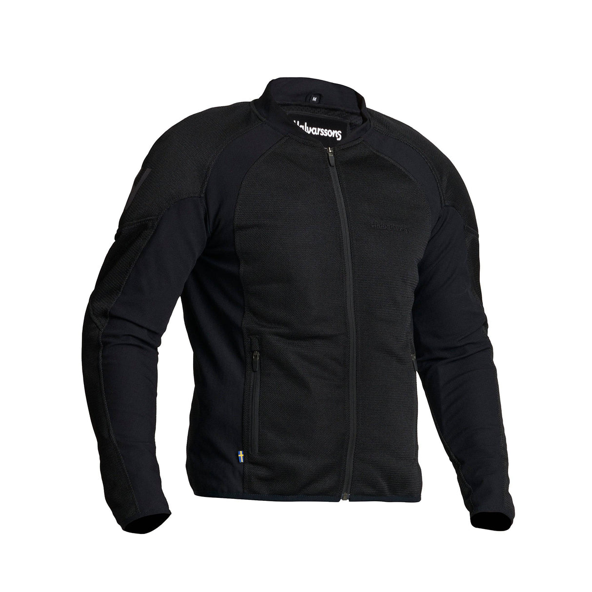 Schwarze Halvarssons Motorradjacke Edane für Touren, robuste Textiljacke mit Schutzpolstern und reflektierenden Elementen.