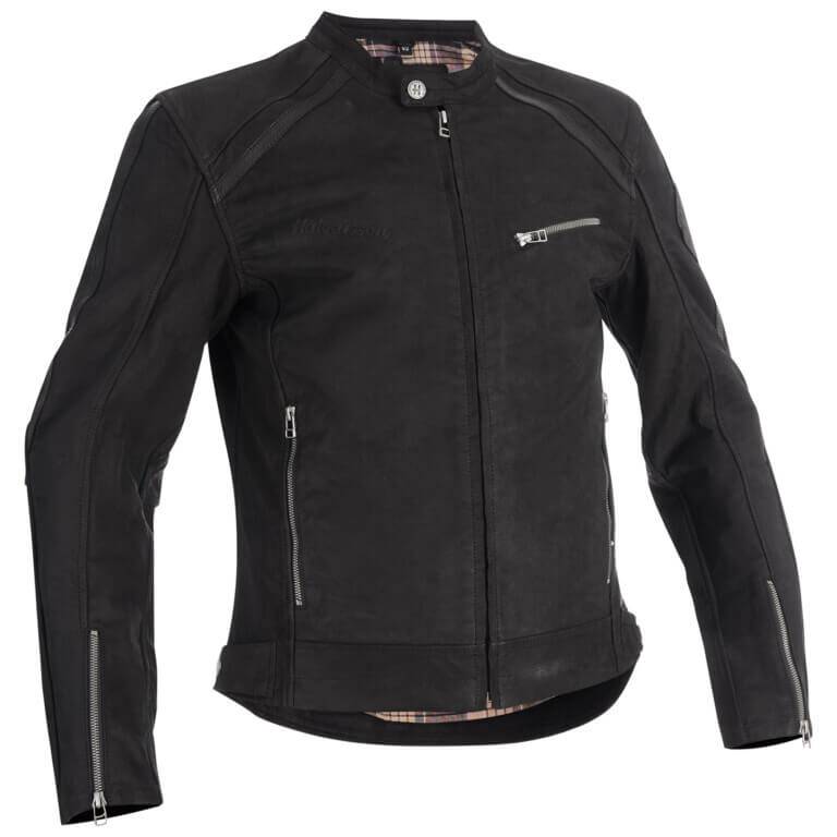 Schwarze Lederjacke Sandtorp von Halvarssons, klassische Jacken-Design, Frontansicht aus Leder, modischer und robuster Stil