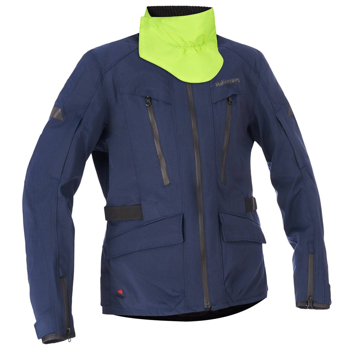 Damen Motorradjacke Halvarssons Gruven in Blau, Adventure-Style, mit sichtbaren Schutzpolstern und robustem Material.