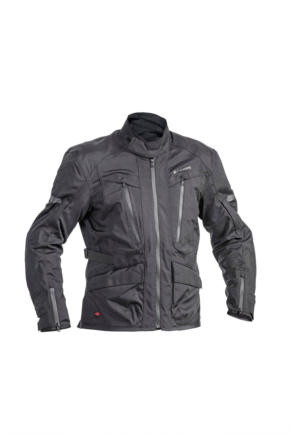 Schwarze Halvarssons Motorradjacke Gruven für Adventure, aus robustem Material, mit Reißverschlüssen und Schutzpolstern sichtbar