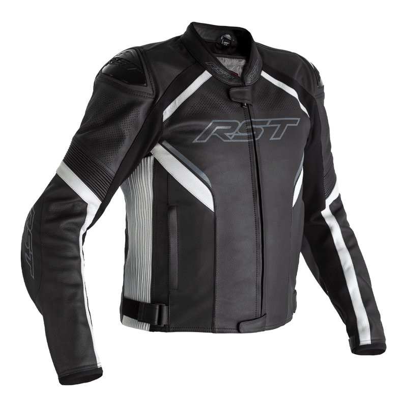 Schwarze und weiße RST Sabre Airbag Lederjacke für Touring, detaillierte Sicht auf das sportliche Design und luftige Passform
